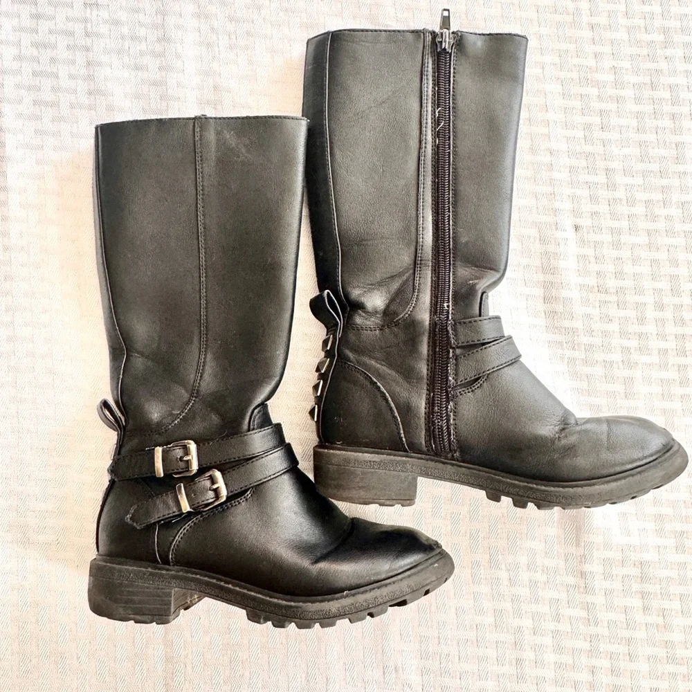Falls Creek Girls Black Moto Riding Boots Size 12 Buckle Strap‎ Mid Calf